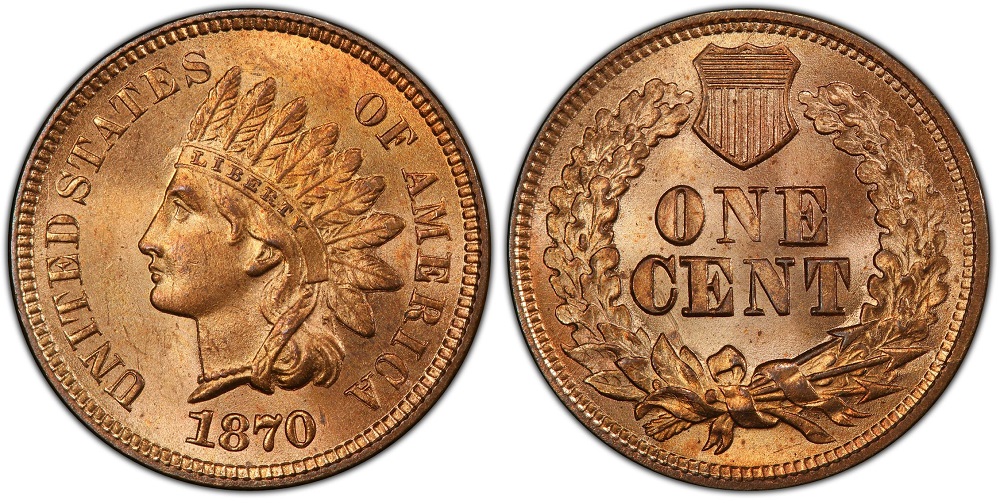 1870 Indian Head Penny — obverse and reverse of a high-grade example showing the Miss Liberty portrait and ONE CENT reverse wreath