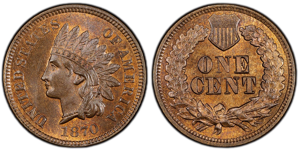 Side-by-side comparison of regular 1870 Indian Head Penny LIBERTY headband (left) versus Pick-Axe FS-303 variety with pick-axe shaped doubling between L and I (right)