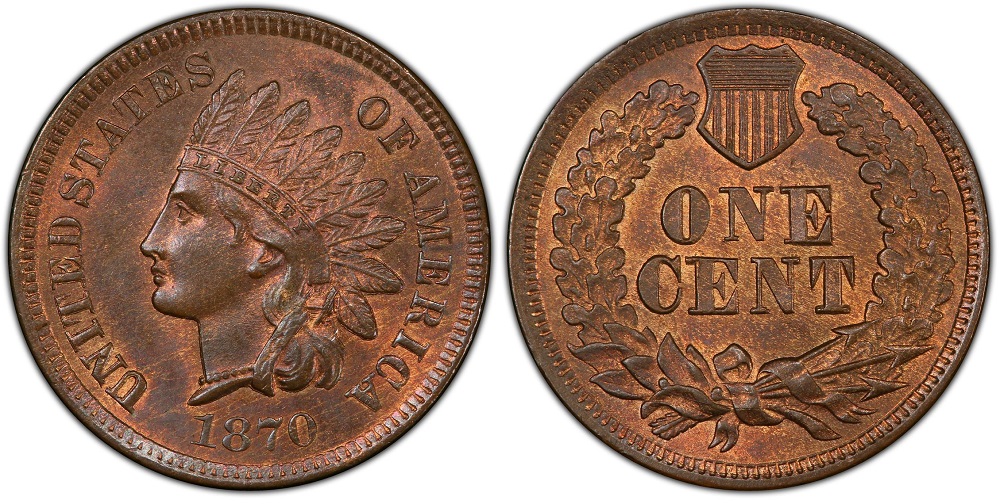 1870 Indian Head Penny "Pick-Axe" FS-303 variety — close-up of hub doubling between L and I in LIBERTY