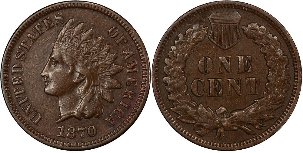 Historical group of 1870 Indian Head Penny specimens in various grades, from worn Good through Mint State