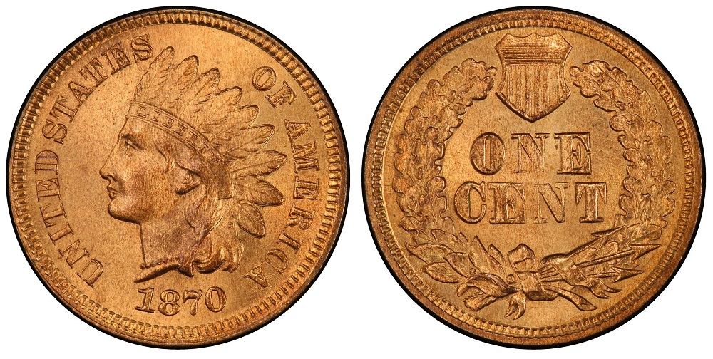 Grading strip showing 1870 Indian Head Penny condition tiers: Good, Fine, Extremely Fine, and Mint State